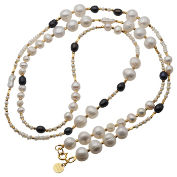 Naszyjnik długi - Białe, czarne Perły hodowane i srebro złocone