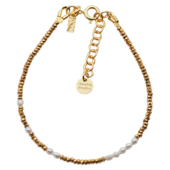 Bransoletka urodzeniowa czerwiec- białe perły, hematyt i srebro złocone