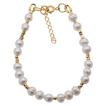 Bransoletka - Perły białe, hematyt złoty i srebro złocone