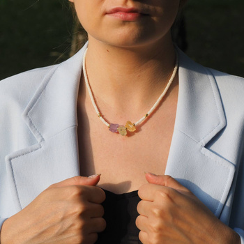 Naszyjnik regulowany - Koral biały i surowe kamienie -  Prehnit, Cytryn, Ametyst