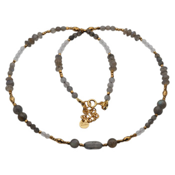 Naszyjnik - Labradoryt, kryształ górski hematyt i srebro złocone