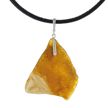 Naszyjnik  na rzemieniu - surowy Bursztyn mleczny