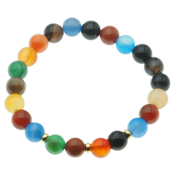 Bransoletka 18,5 cm - Agat kolorowy kulki 8mm i srebro złocone