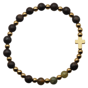 Bransoletka różaniec na gumce - Bronzyt, Zielony Granat, hematyt złocony