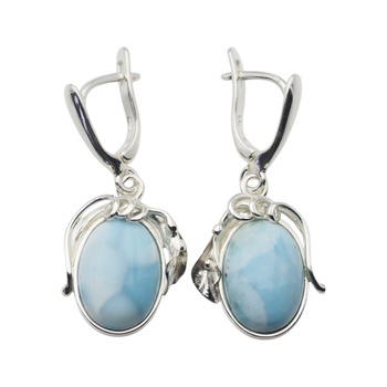 Kolczyki - larimar owal w srebrze z liśćmi