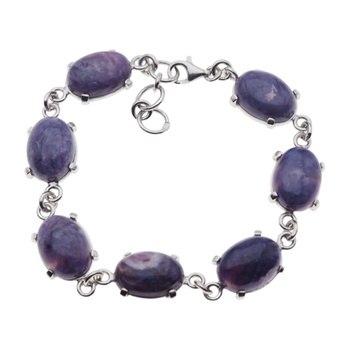 Bransoletka z owalnym czaroitem w srebrze rodowanym.