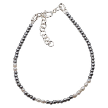 Bransoletka urodzeniowa czerwiec- białe perły, hematyt i srebro