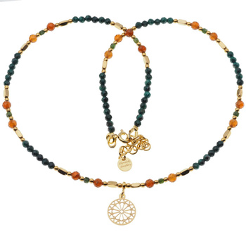 Naszyjnik mix - Malachit, Granat brązowy, Hematyt i srebro złocone