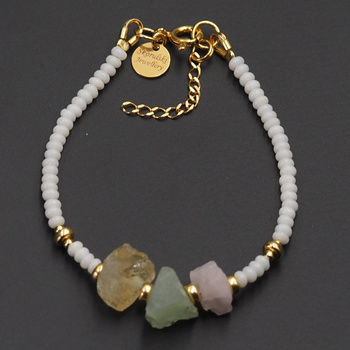 Bransoletka regulowana - Koral biały i surowe kamienie -  Prehnit, Cytryn, Ametyst