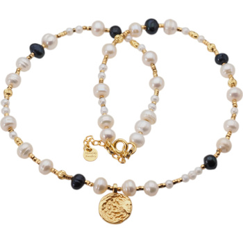 Naszyjnik - Białe, granatowe Perły hodowane i srebro złocone