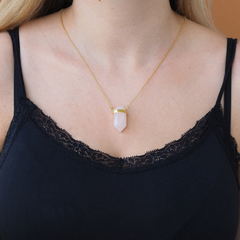 Naszyjnik - Kwarc Różowy sopel w okuciu na łańcuszku