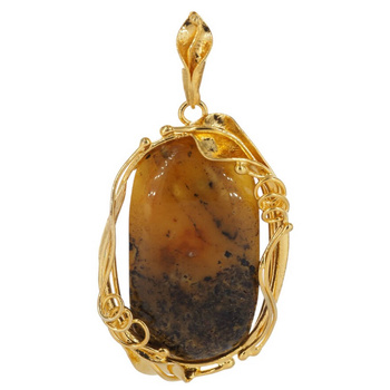 Zawieszka z liściem - Bursztyn w srebrze złoconym