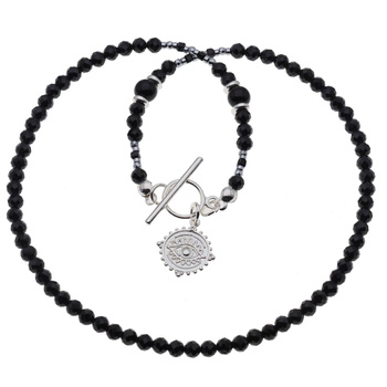 Naszyjnik- Turmalin czarny kulki, zawieszka oko proroka i  srebro