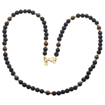 Naszyjnik męski - Bronzyt, lawa,  złoty Hematyt i srebro złocone