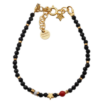 Bransoletka regulowana - Turmalin, Koral, Howlit, gwiazdki i srebro złocone (świąteczne)