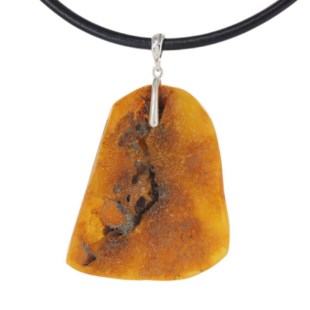 Naszyjnik na rzemieniu - surowy Bursztyn mleczny i srebro