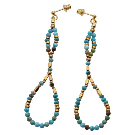 Kolczyki wiszące sztyfty - Turkus, Hematyt i srebro złocone