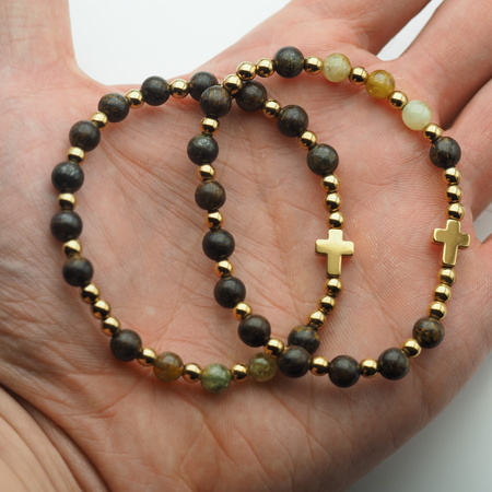 Bransoletka różaniec na gumce - Bronzyt, Zielony Granat, hematyt złocony