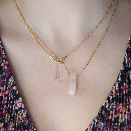 Naszyjnik - Kwarc Różowy mały sopel na łańcuszku srebrnym złoconym