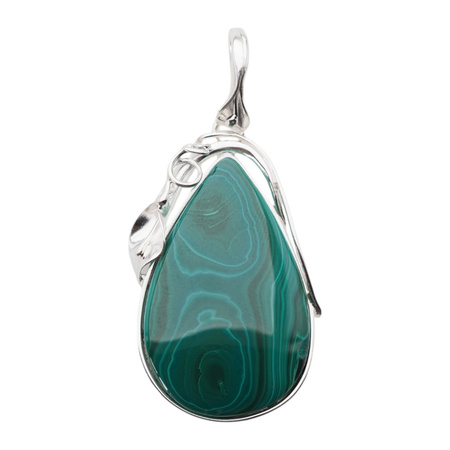 Zawieszka malachit łza w srebrze z liśćmi