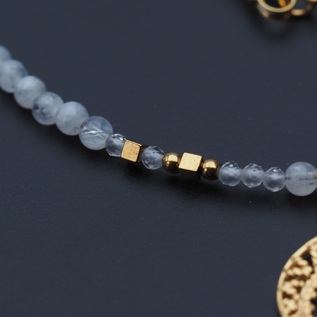 Naszyjnik - Kamień Księżycowy, Kryształ Górski, Hematyt, róg obfitości i srebro złocone