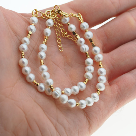 Bransoletka - Perły białe, hematyt złoty i srebro złocone