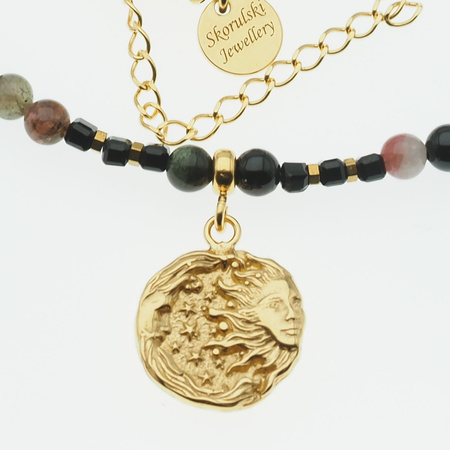 Naszyjnik regulowany - Turmalin kolorowy kulki, zawieszka słońce i srebro złocone