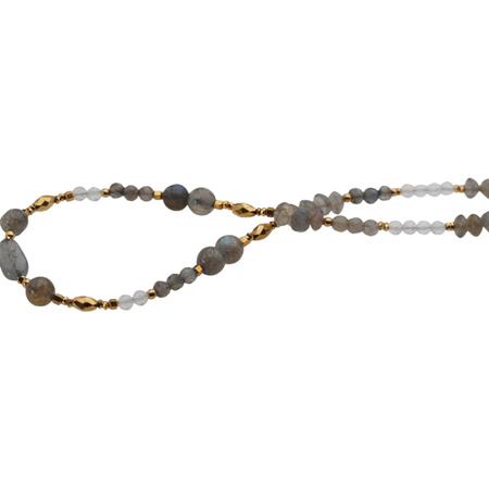 Naszyjnik - Labradoryt, kryształ górski hematyt i srebro złocone