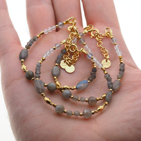 Bransoletka - Labradoryt, kryształ górski hematyt i srebro złocone