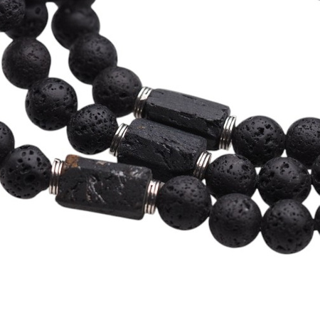 Bransoletka męska na gumce - Turmalin czarny, lawa i srebro