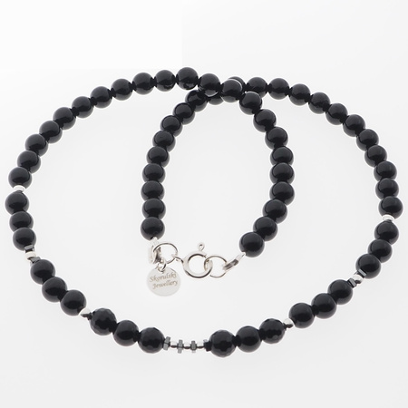 Naszyjnik - Turmalin czarne kulki, Hematyt i srebro