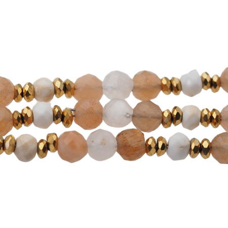 Bransoletka - Kamień Księżycowy, Słoneczny, Howlit, Hematyt i srebro złocone