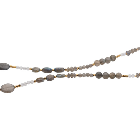 Naszyjnik długi - Labradoryt, kryształ górski hematyt i srebro złocone