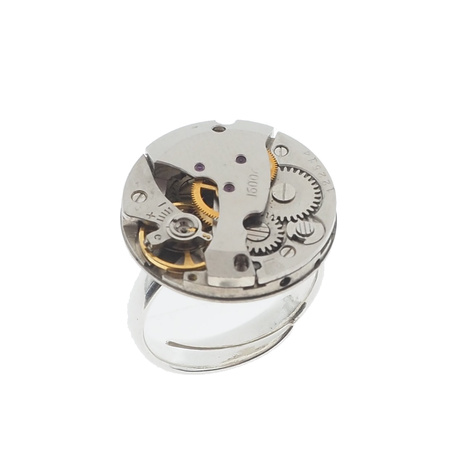 Pierścionek regulowany z mechanizmem zegarka w srebrze.