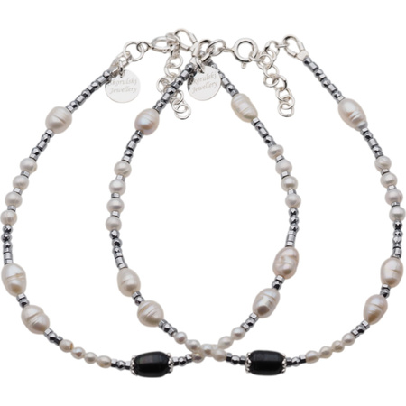 Bransoletka na nogę - Perły białe, czarne, hematyt i srebro
