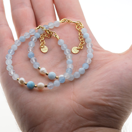 Bransoletka - Akwamaryn fasetowany, Perły, Larimar, Hematyt i srebro złocone