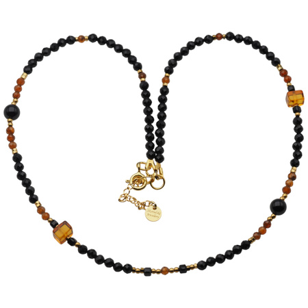 Naszyjnik - Turmalin czarny, Bursztyn, Hematyt złoty i srebro złocone