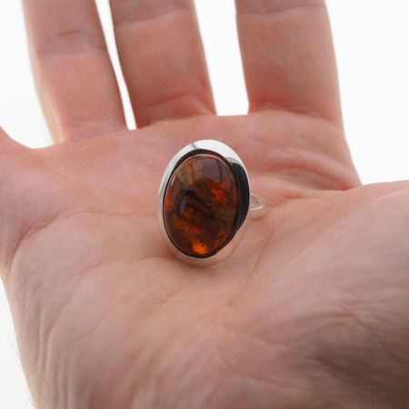 Pierścionek regulowany - Koniakowy Bursztyn owalny w srebrze