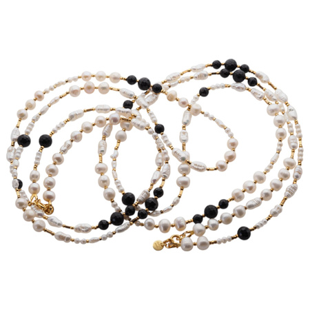 Naszyjnik długi - Białe Perły hodowane, Turmalin i srebro złocone