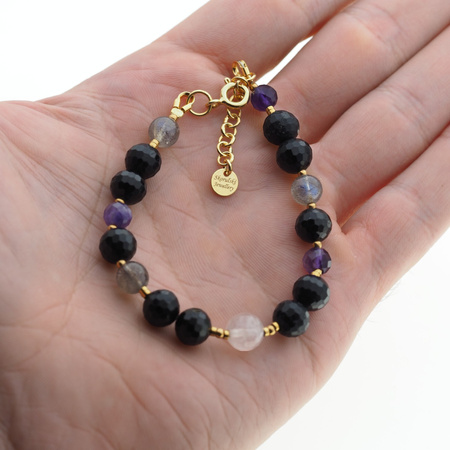 Bransoletka mix - Turmalin, ametyst, kwarc różowy, labradoryt i srebro złocone