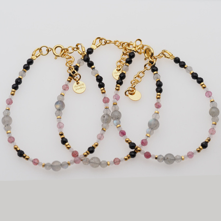 Bransoletka mix - Turmalin, labradoryt, kwarc różowy i srebro złocone