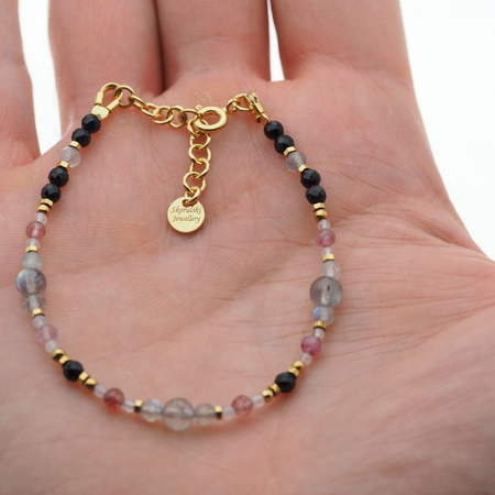 Bransoletka mix - Turmalin, labradoryt, kwarc różowy i srebro złocone