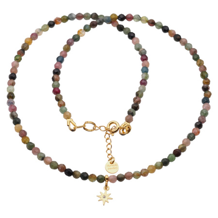 Naszyjnik regulowany - Turmalin kolorowy fasetowane kulki i srebro złocone