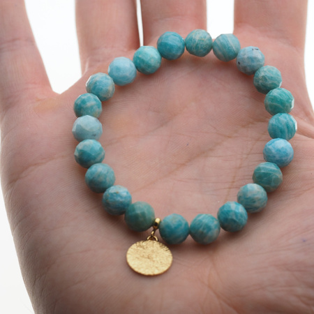 Bransoletka 18,5 cm - Amazonit fasetowany kulki i srebro złocone