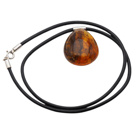 Naszyjnik  na rzemieniu -  przezroczysty Bursztyn z inkluzją roślinną