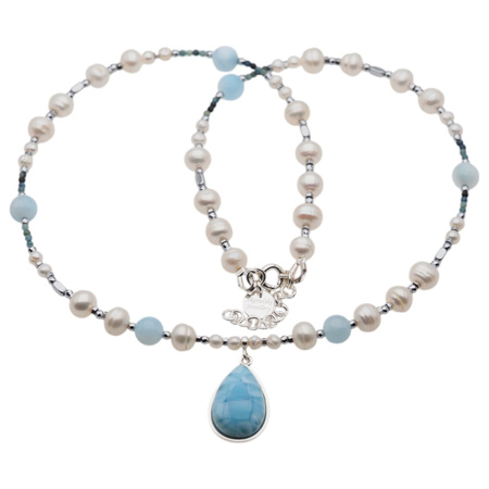 Naszyjnik z zawieszką - Larimar, Perła, Turmalin niebieski i srebro 