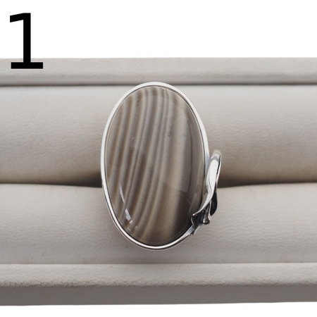 Srebrny pierścionek z Krzemieniem Pasiastym – srebro oksydowane 925, motyw liścia