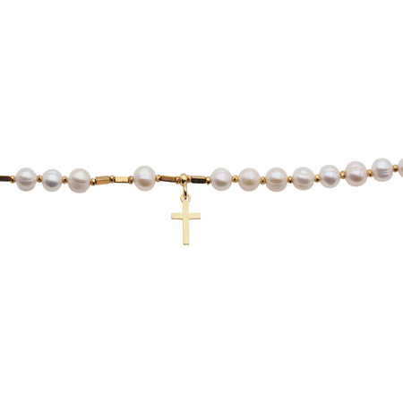 Bransoletka - Białe Perły, złoty hematyt, krzyżyk i srebro złocone