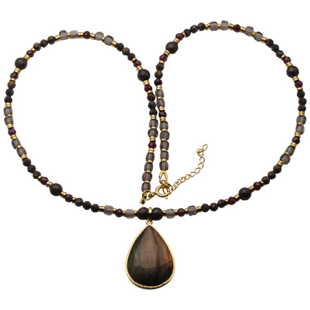 Naszyjnik z Labradorytem, Granatem i Kwarcem Dymnym – ręcznie wykonany, srebro pozłacane 925