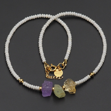 Naszyjnik regulowany - Koral biały i surowe kamienie - Prehnit, Cytryn, Ametyst